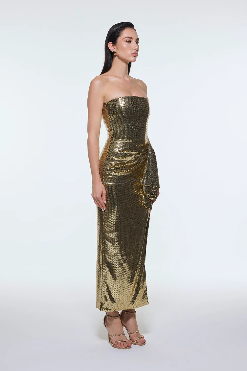 BEL DRAPE DETAYLI STRAPLEZ MİDİ ABİYE ELBİSE - 9295C