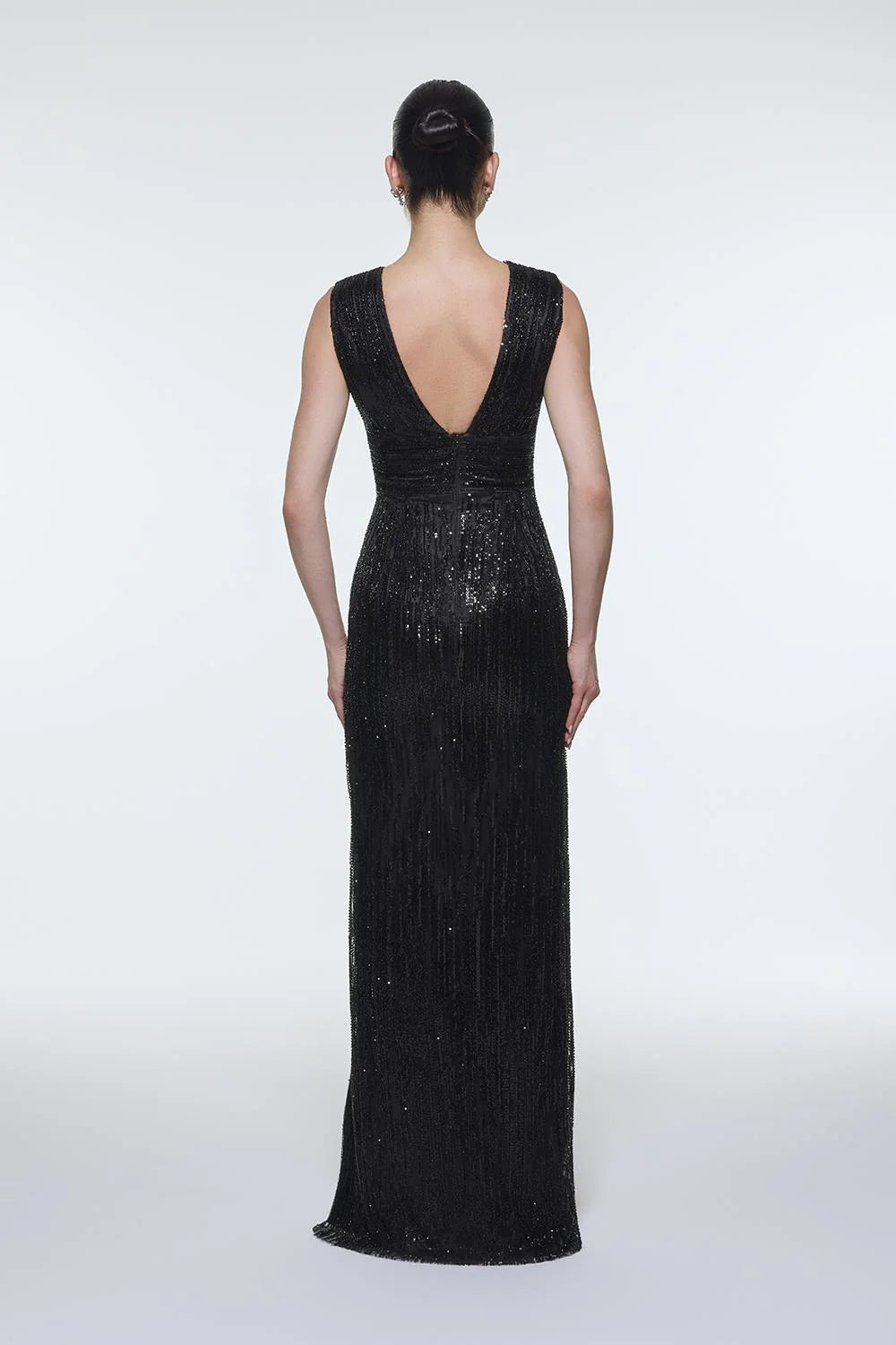 V YAKALI KOLSUZ TAŞ İŞLEMELİ ABİYE ELBİSE - 9349C