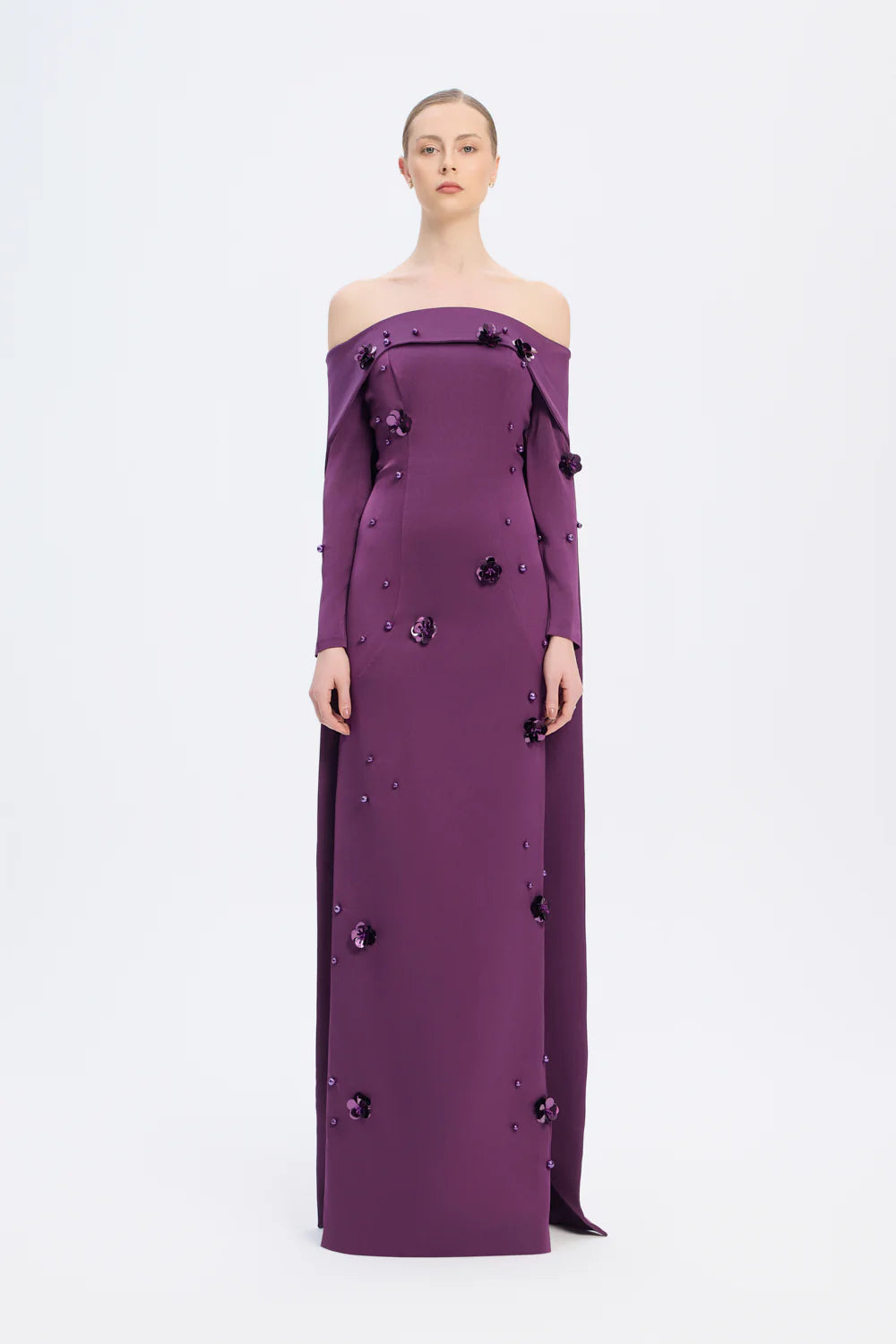 KAYIK YAKA AKSESUAR DETAYLI UZUN ABİYE ELBİSE - 01026C