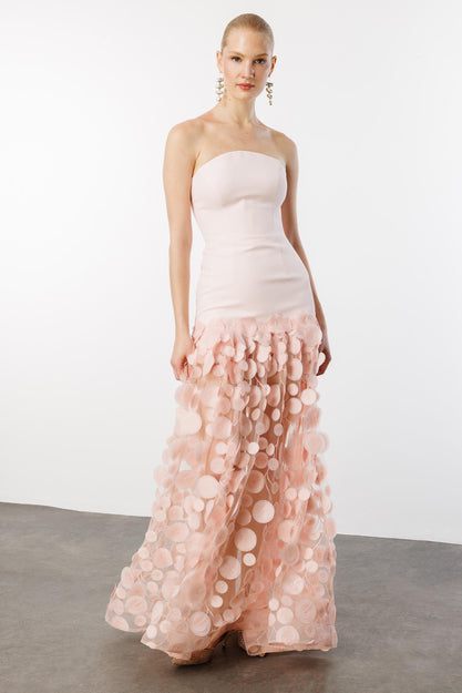 Straplez Üst Krep Eteği 3 Boyutlu Tül Uzun Abiye PEMBE