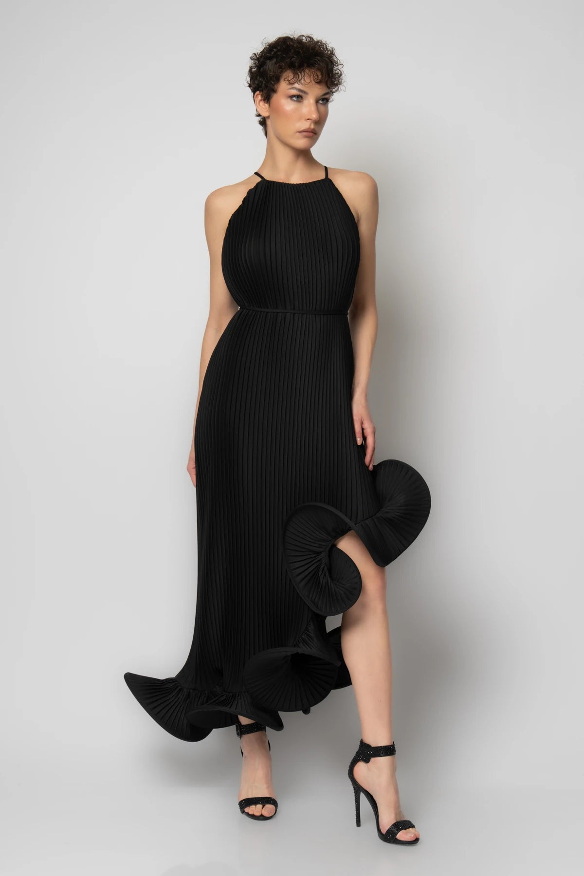 Etek ucu volanlı komple piliseli krep abiye elbise2286