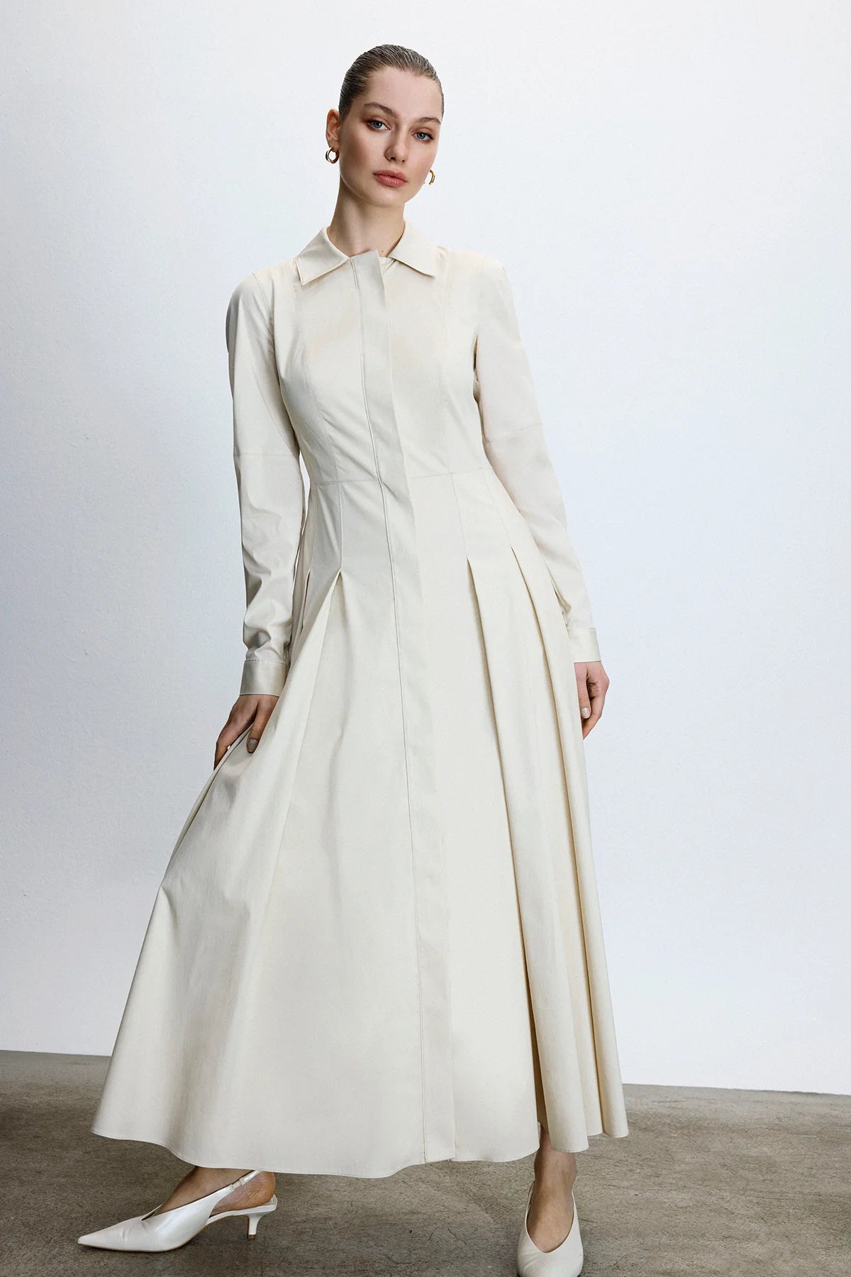 GÖMLEK YAKA BEL KUŞAKLI MİDİ ELBİSE9117