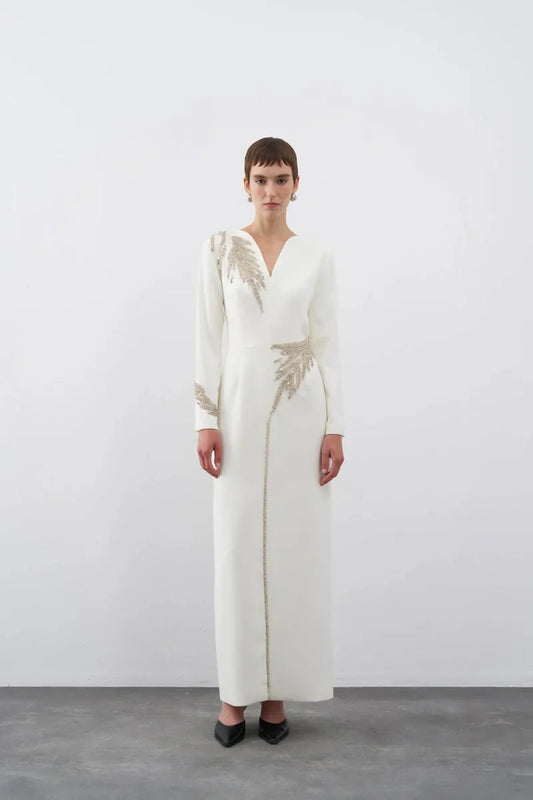 TAŞ İŞLEMELİ V YAKA ÖNDEN YIRTMAÇLI UZUN ABİYE ELBİSE2262