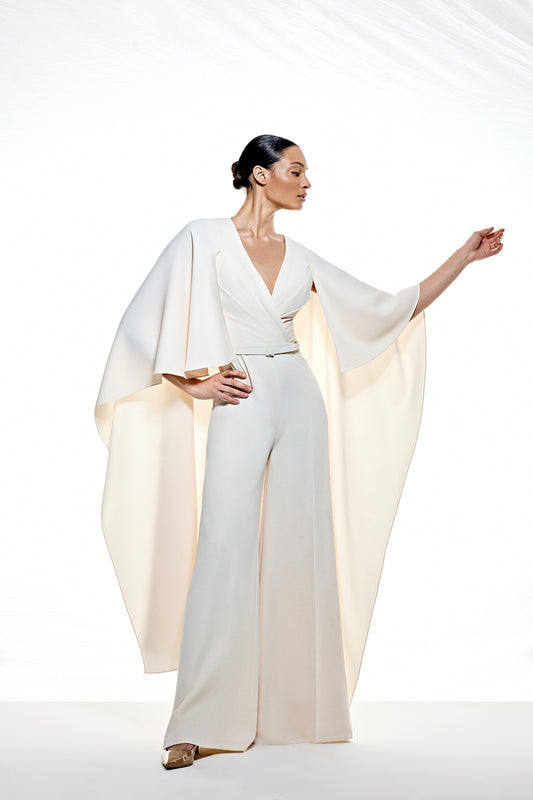 Elegant Ivory Draped Cape Jumpsuit 5301
