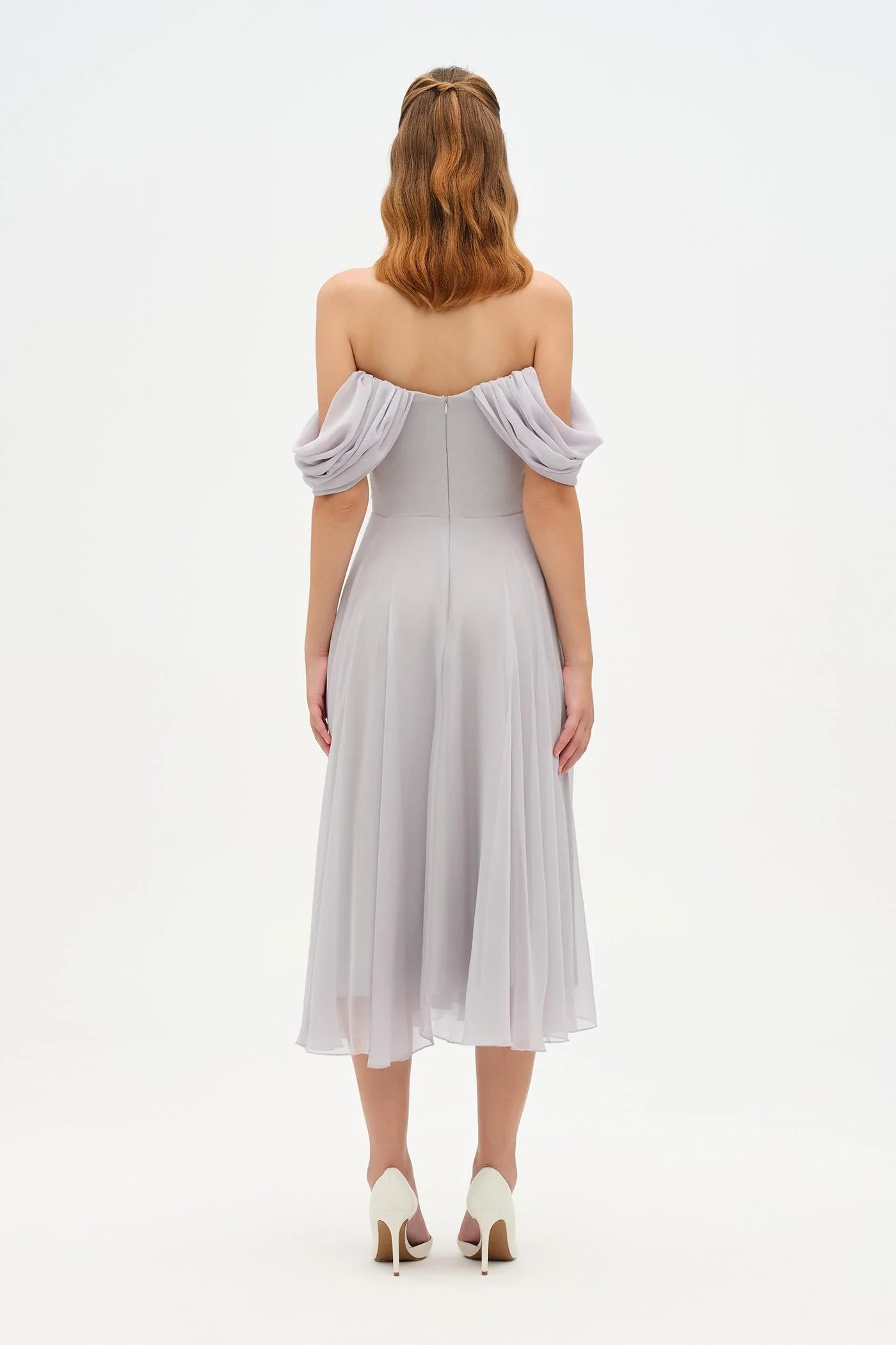 DÜŞÜK KOL İNCE DRAPE DETAYLI MİDİ ŞİFON ABİYE ELBİSE - 26202C