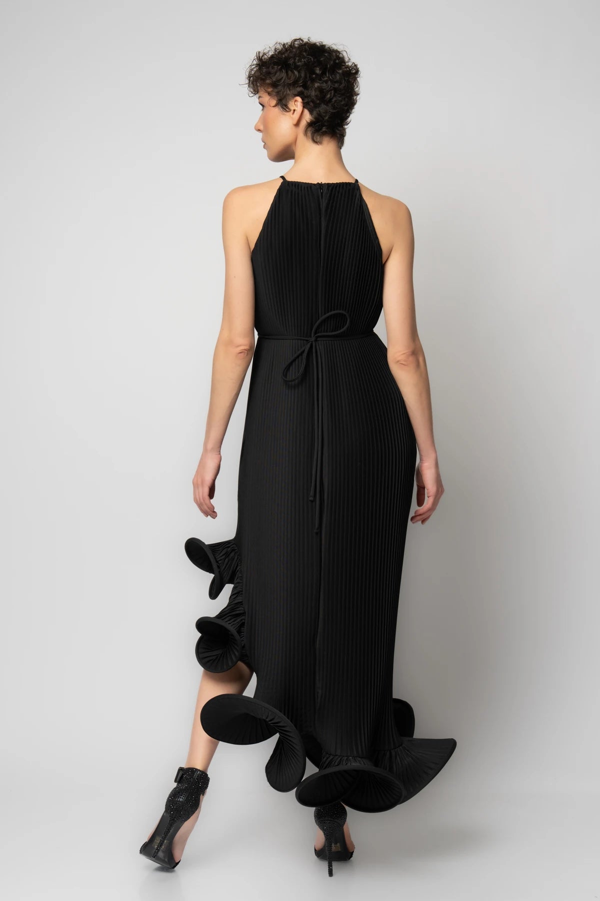 Etek ucu volanlı komple piliseli krep abiye elbise2286