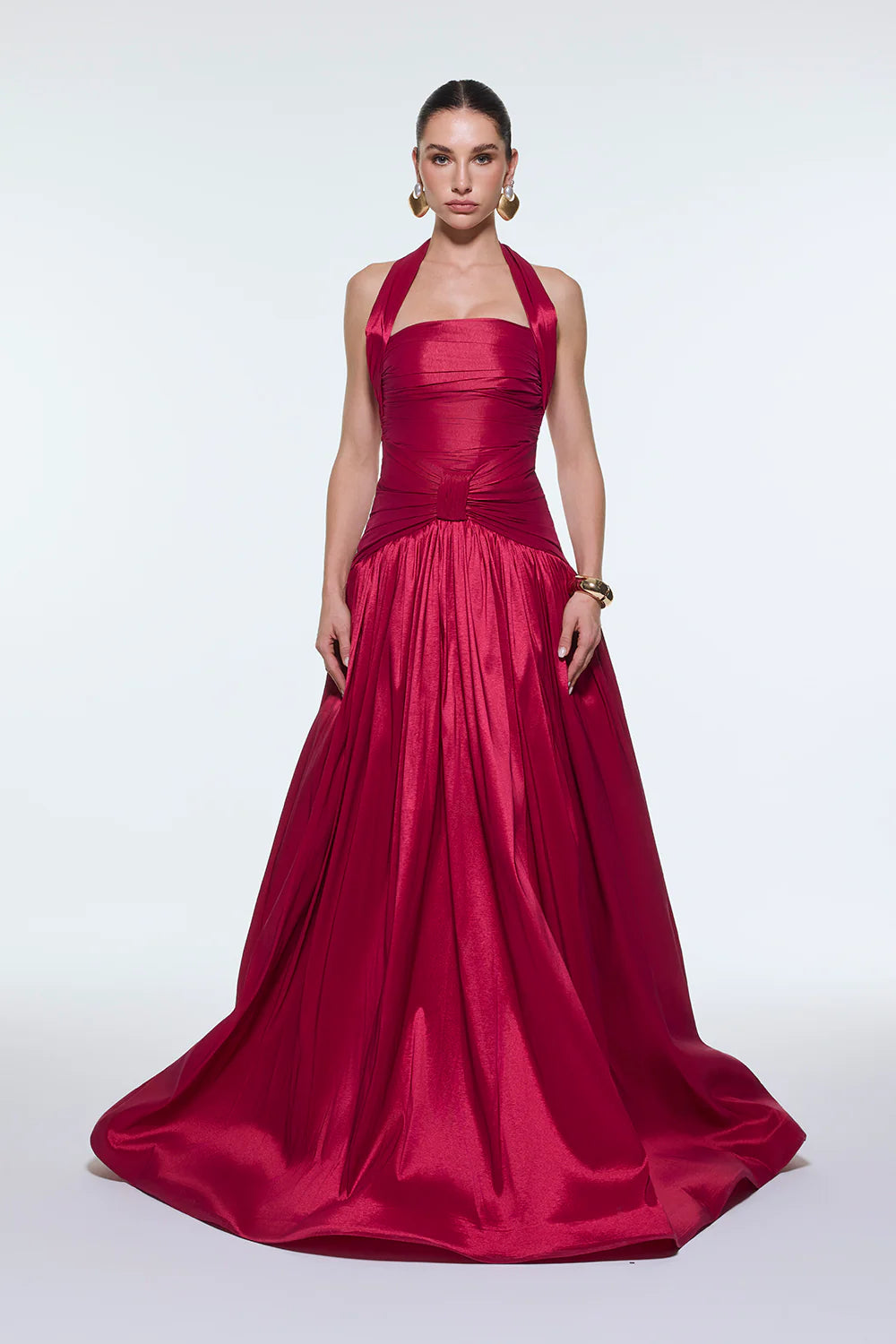 BOYUNDA ASKILI DRAPELİ TAFTA UZUN ABİYE ELBİSE - 9280C