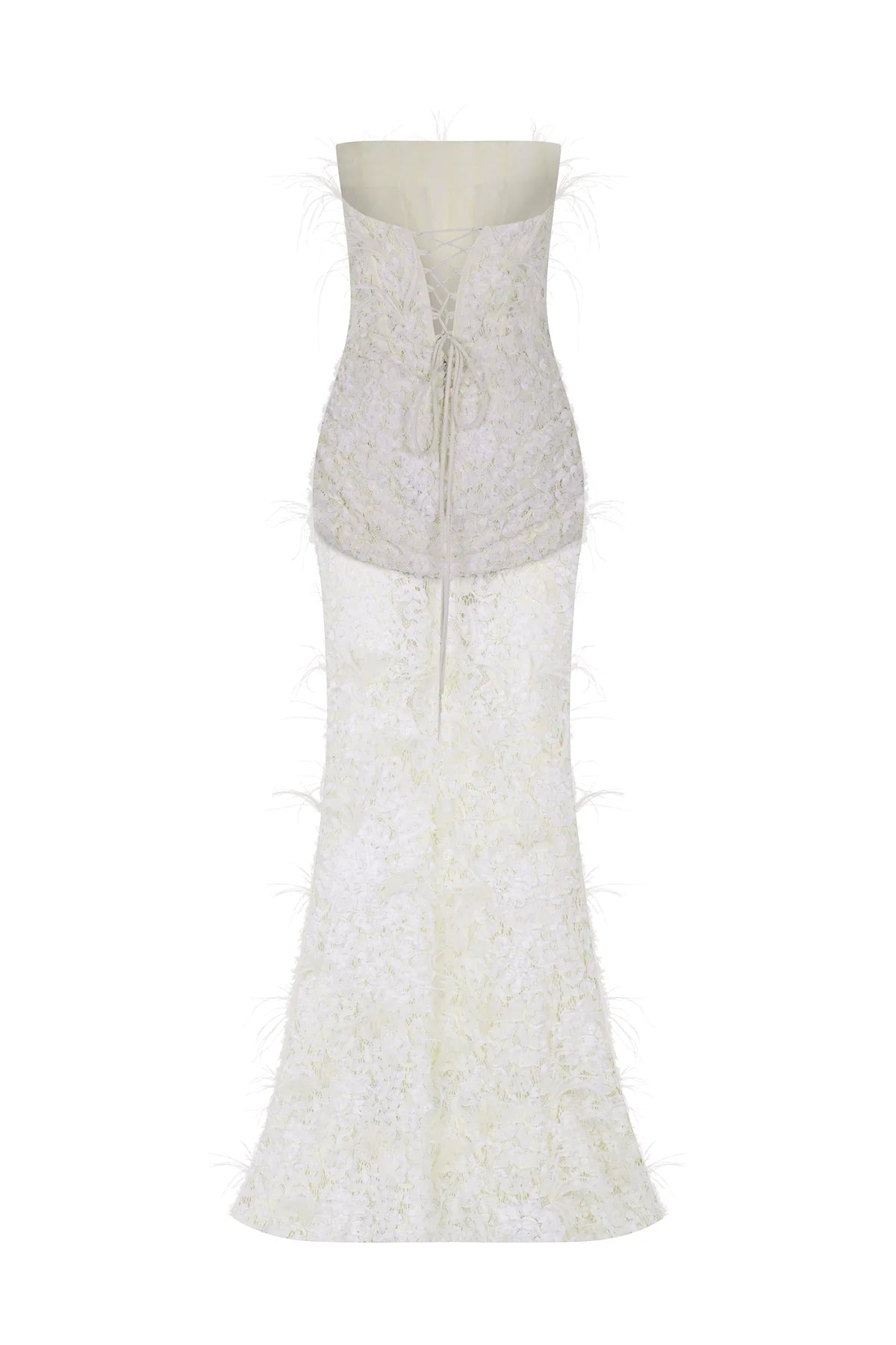 KORSAJLI TÜY DETAYLI STRAPLEZ UZUN ABİYE ELBİSE