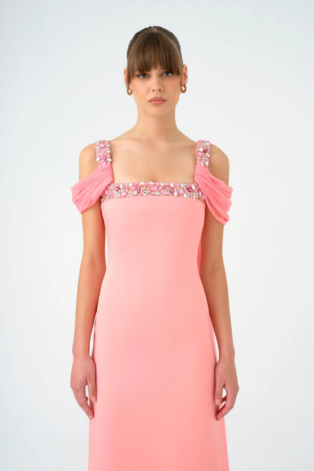 ŞİFON PELERİNLİ TAŞ İŞLEMELİ ASKILI UZUN ABİYE ELBİSE - 9053C