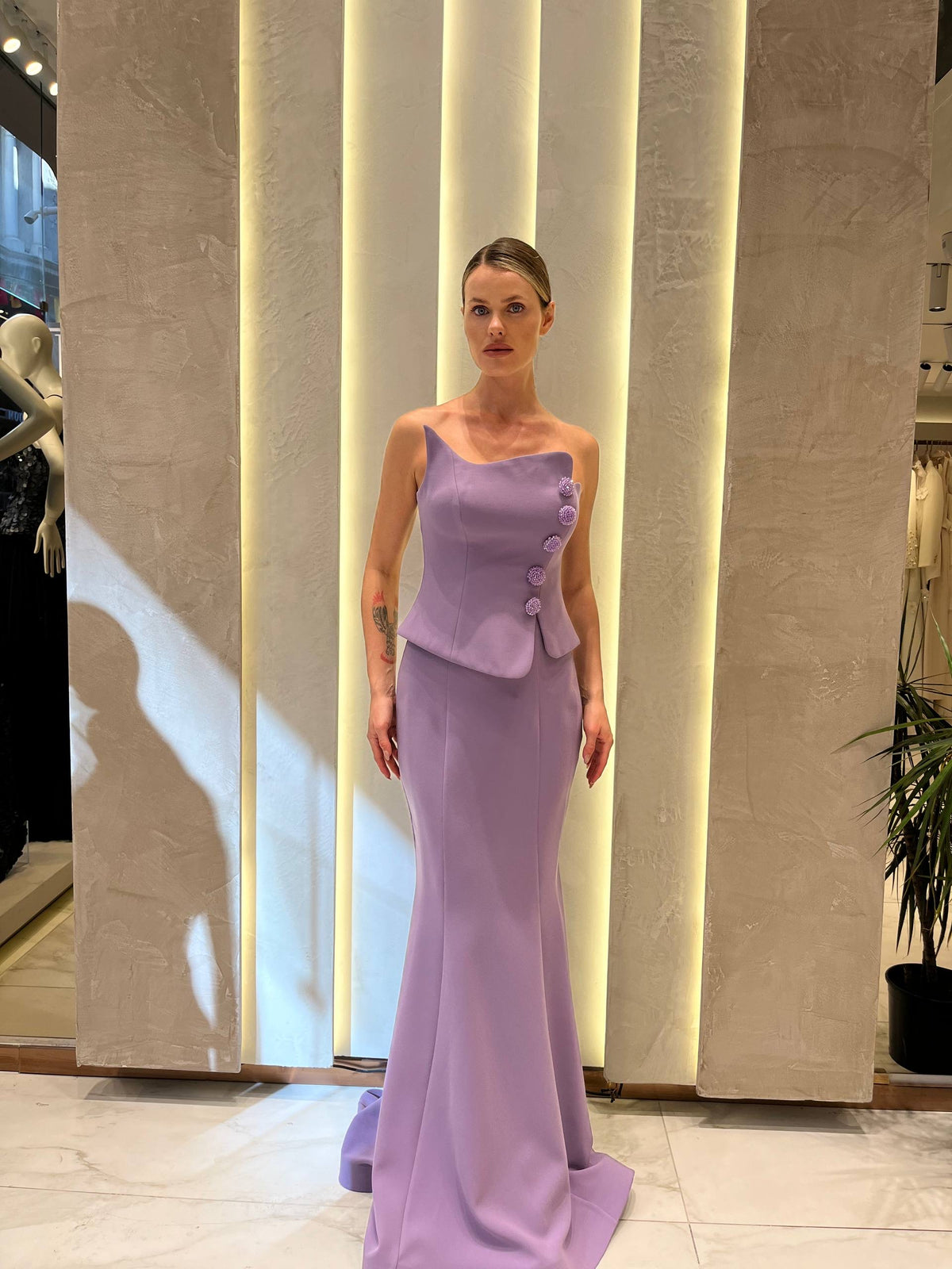 Lilac Mermaid Evening Gown with Crystal Buttons
