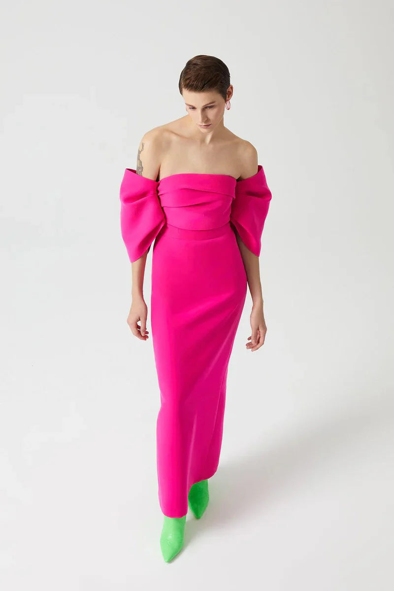 STRAPLEZ DÜŞÜK BALON KOLLU UZUN ELBİSE 1044