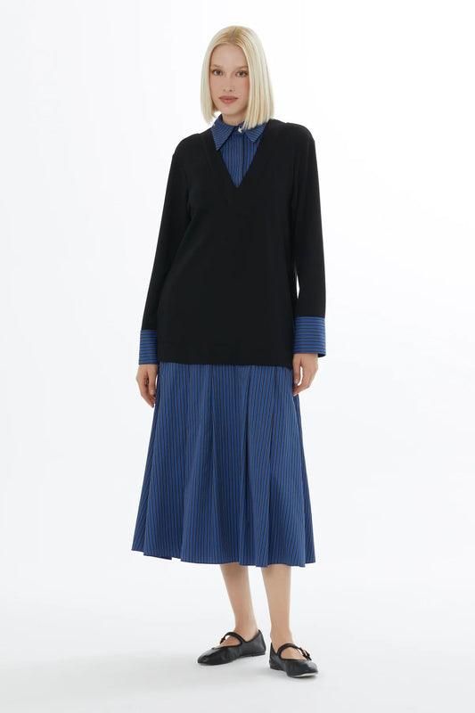 Uzun Kollu Yakalı Gömlek Detaylı Uzun Elbise