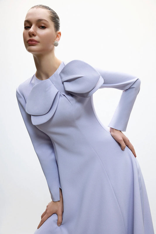 Uzun Kollu Asimetrik Fiyonk Detaylı Midi Elbise 2037