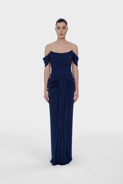 Shimmer Draped Off-Shoulder Evening Dress – 1387