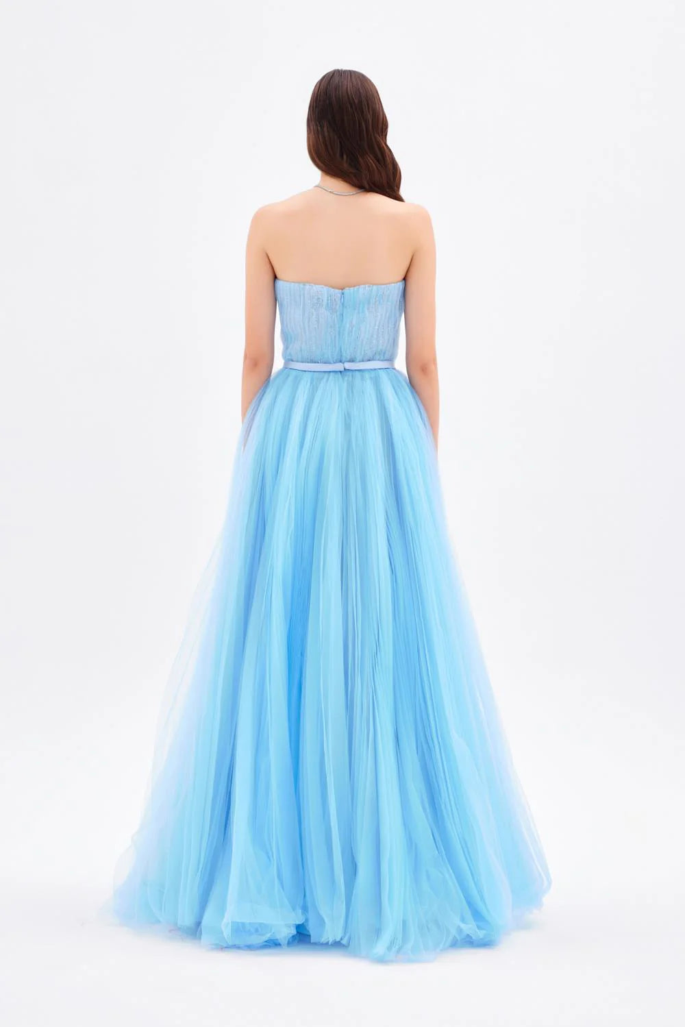 STRAPLEZ YAKA PİLİSELİ UZUN ABİYE ELBİSE - 9198C