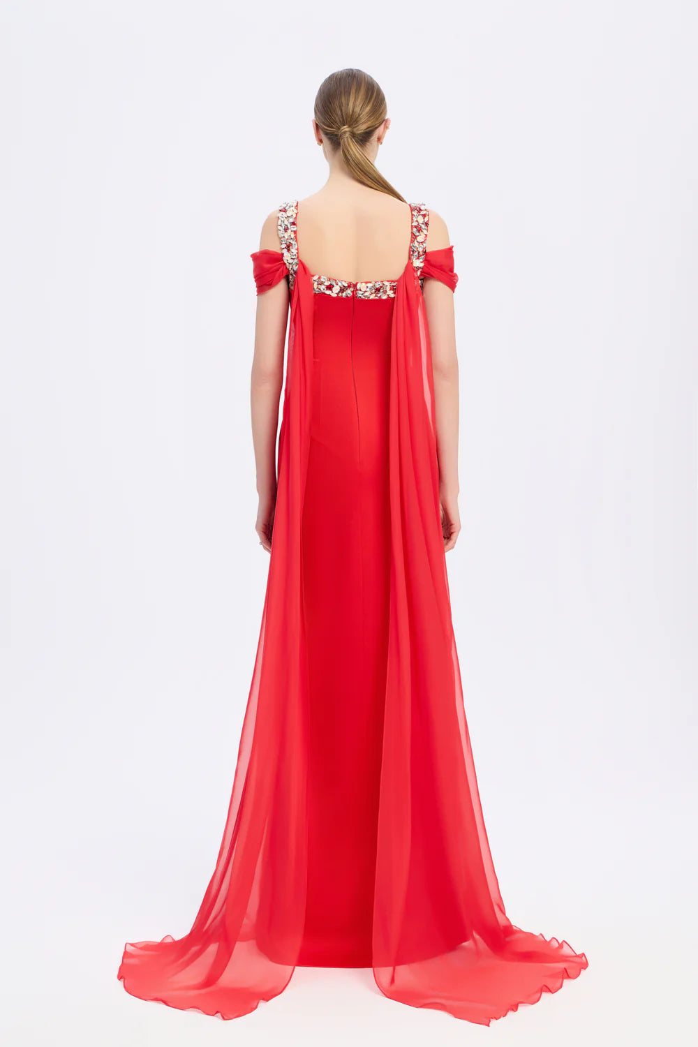 ŞİFON PELERİNLİ TAŞ İŞLEMELİ ASKILI UZUN ABİYE ELBİSE - 9053C