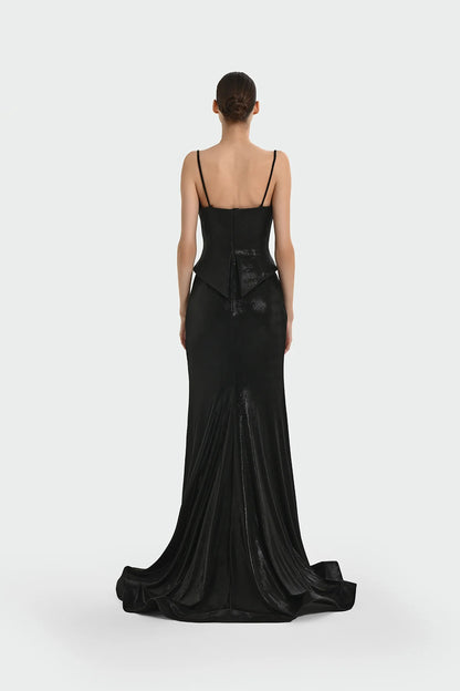 İNCE ASKILI DRAPE DETAYLI ABİYE ELBİSE 1365