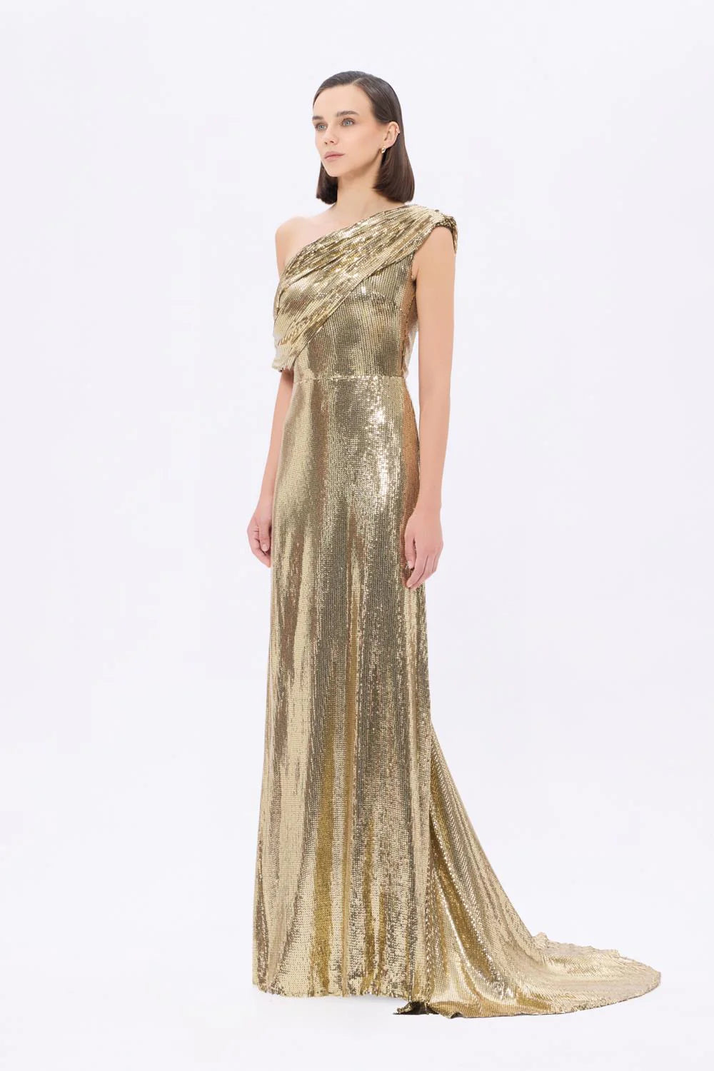 9305C Asimetrik Yaka Uzun Payetli Abiye Elbise