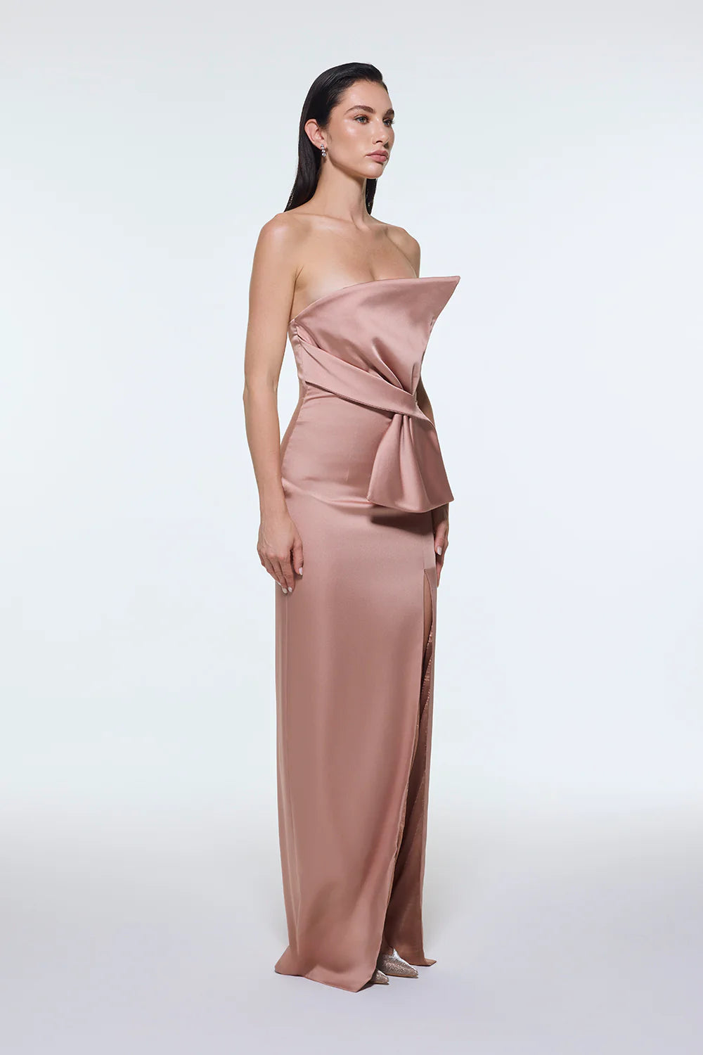 STRAPLEZ YAKA YIRTMAÇLI SATEN UZUN ABİYE ELBİSE - 9281C
