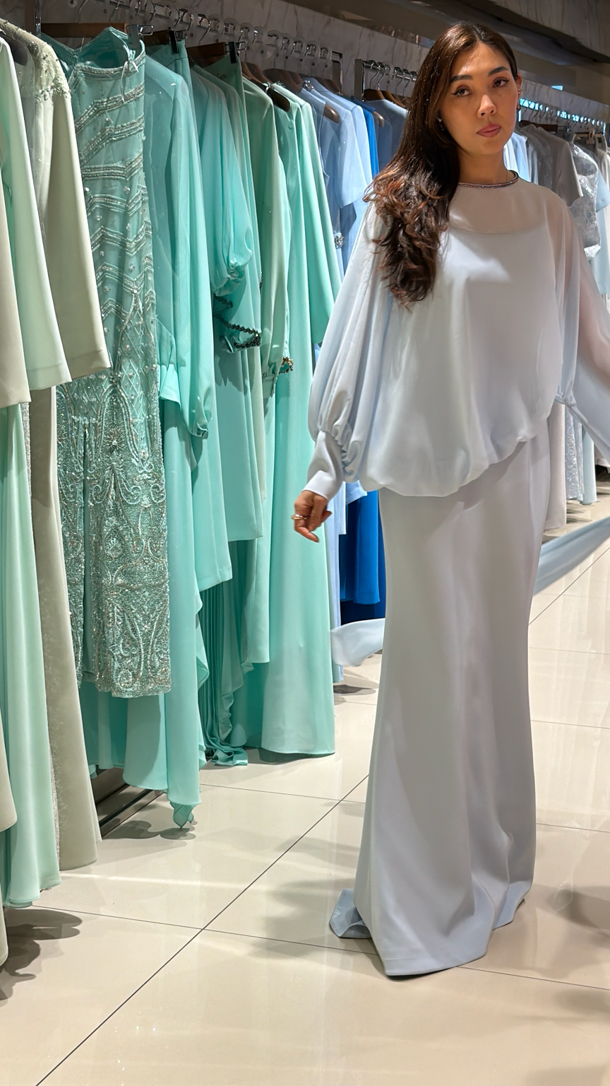 فستان سماوي كريب قطعتين 3033
