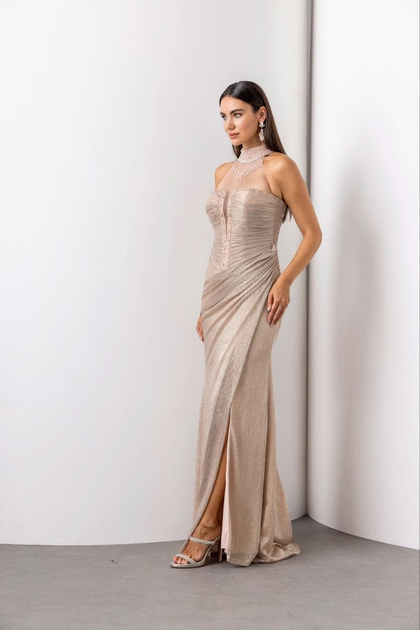 Pearl-Embellished Shimmer Evening Gown with Side Slit