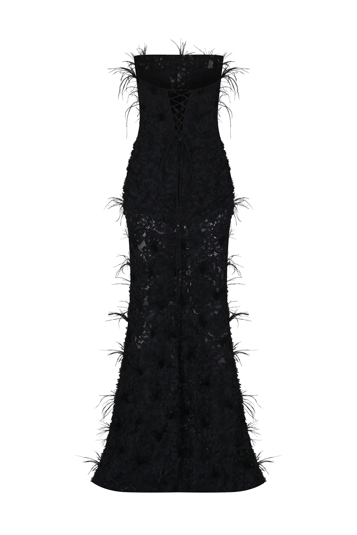 KORSAJLI TÜY DETAYLI STRAPLEZ UZUN ABİYE ELBİSE