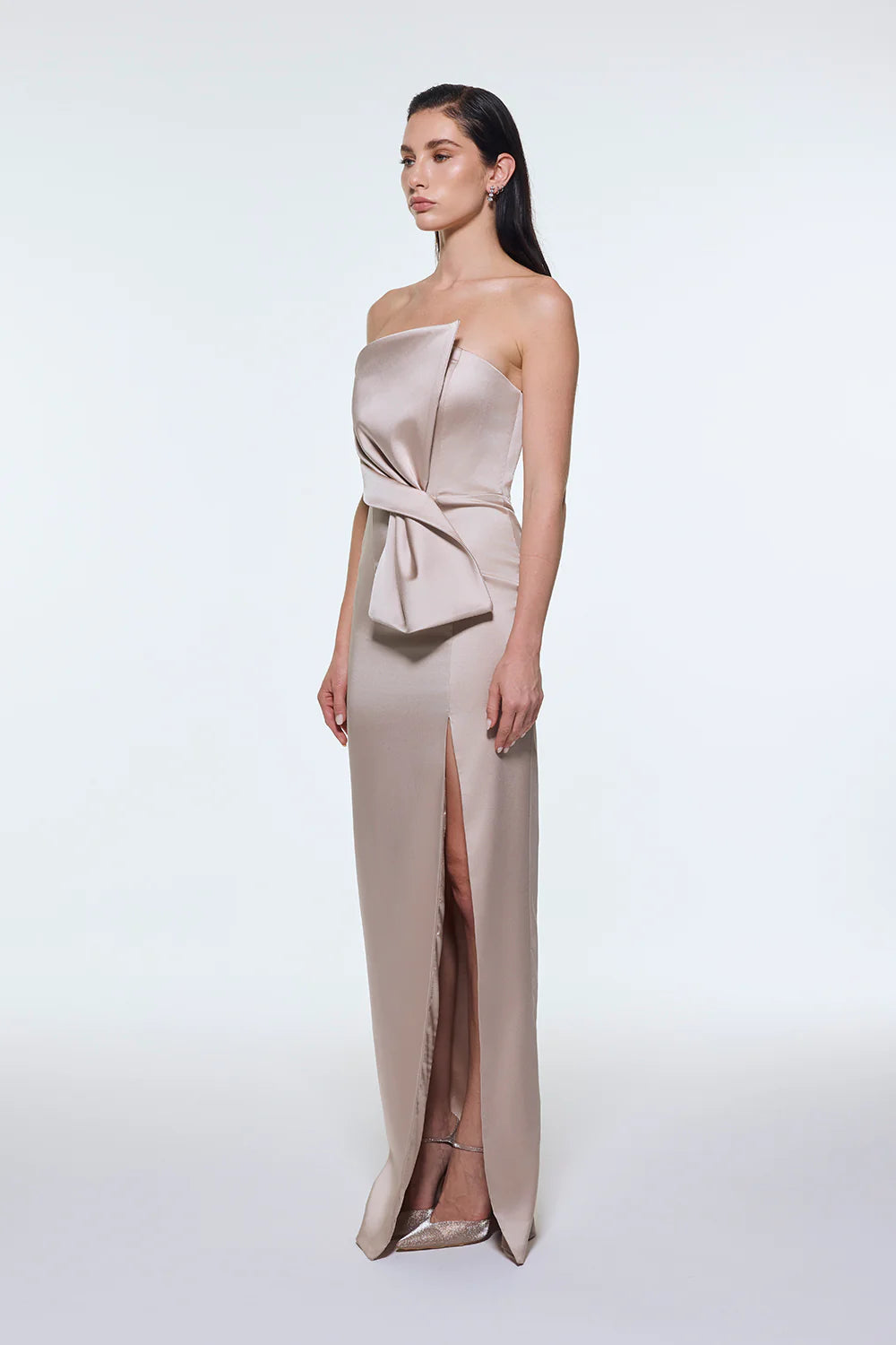 STRAPLEZ YAKA YIRTMAÇLI SATEN UZUN ABİYE ELBİSE - 9281C