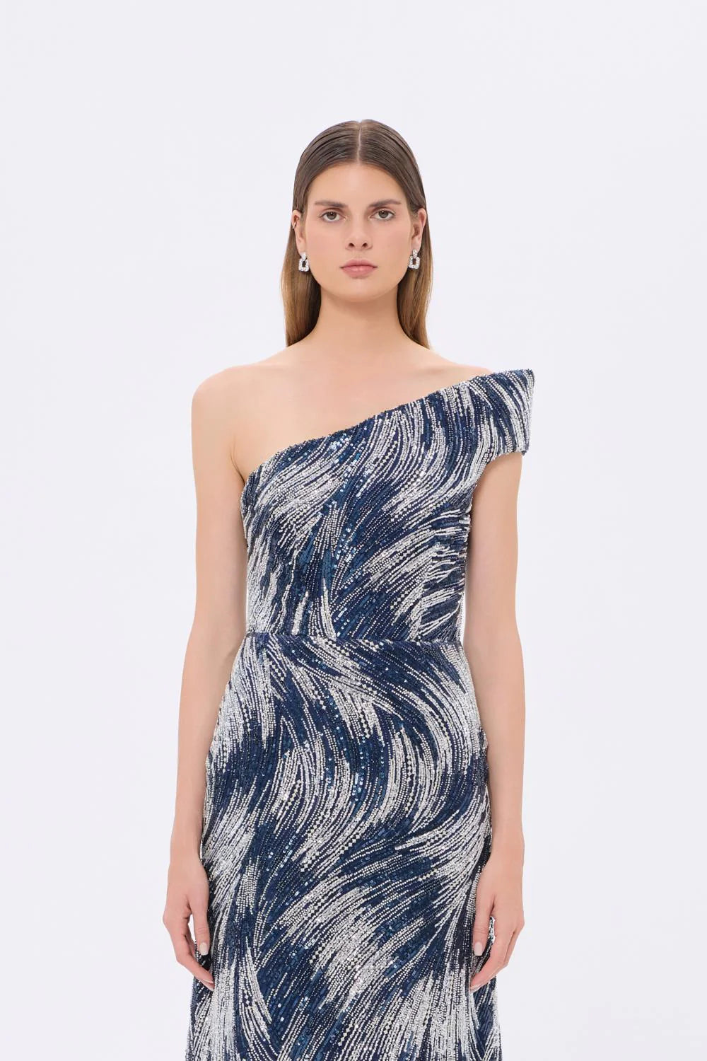 9354C Taş İşlemeli Tek Omuzlu Uzun Abiye Elbise