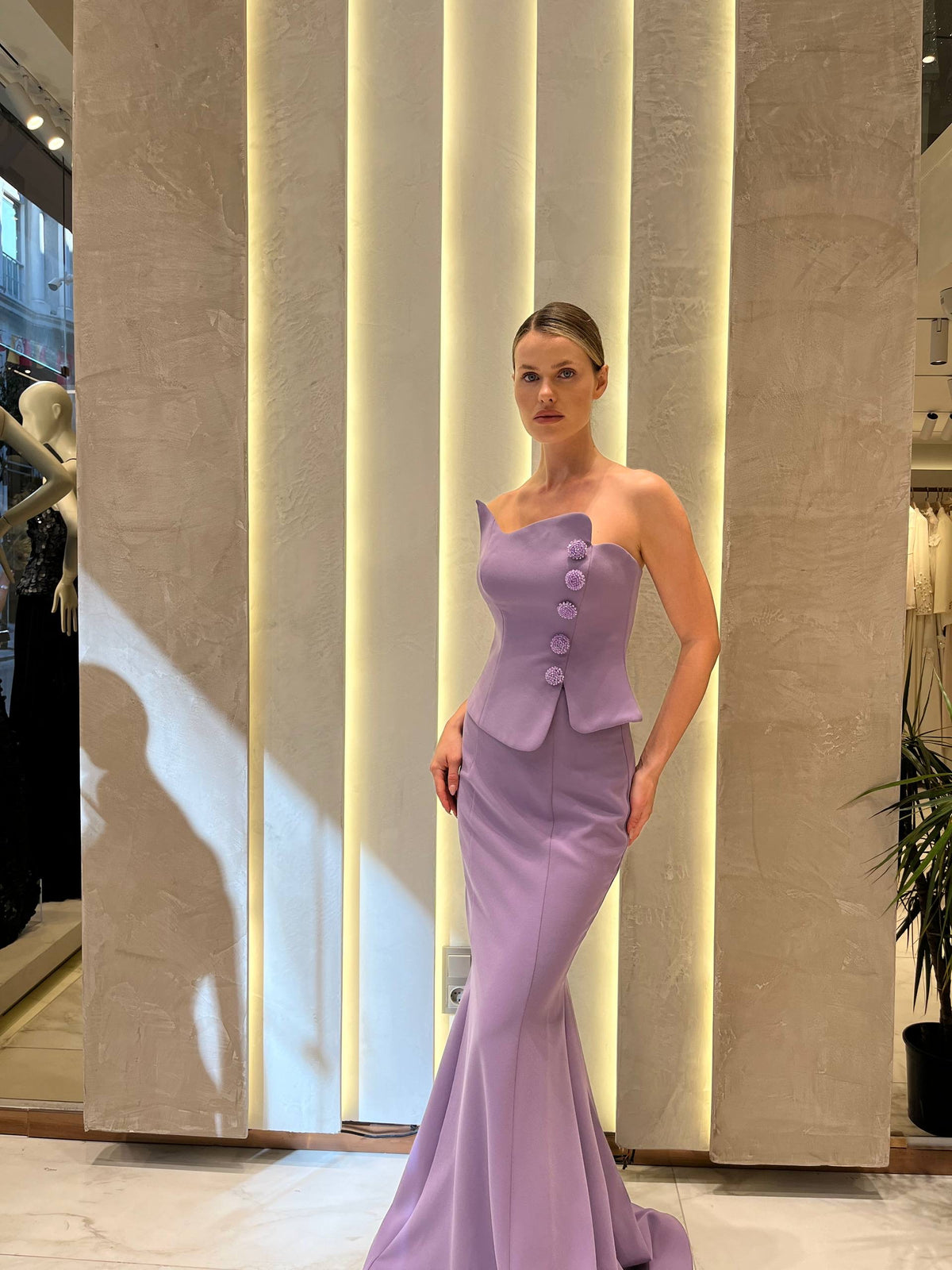 Lilac Mermaid Evening Gown with Crystal Buttons