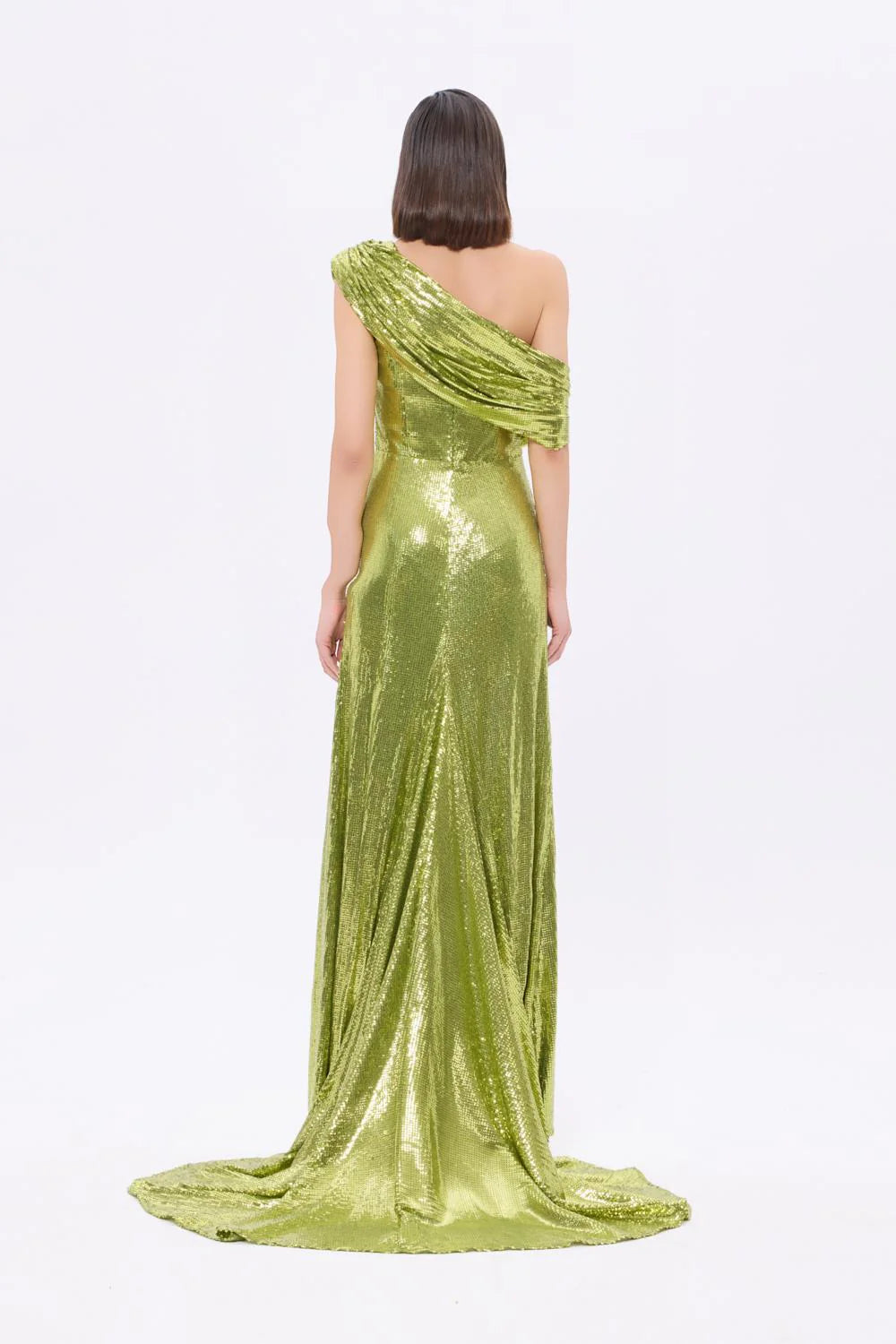 9305C Asimetrik Yaka Uzun Payetli Abiye Elbise