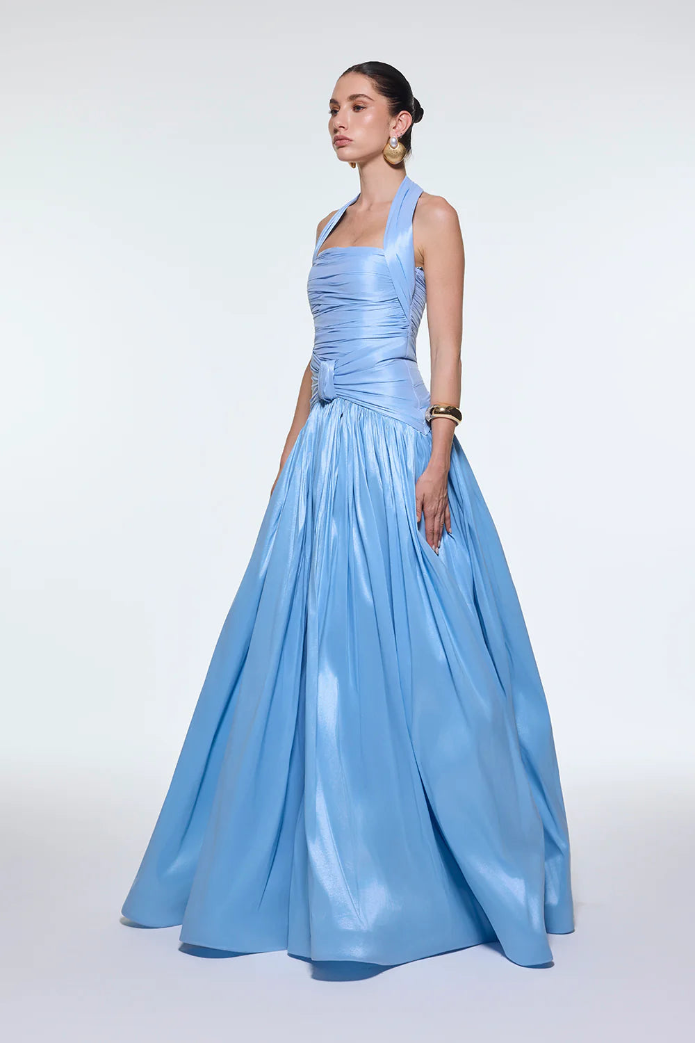 BOYUNDA ASKILI DRAPELİ TAFTA UZUN ABİYE ELBİSE - 9280C