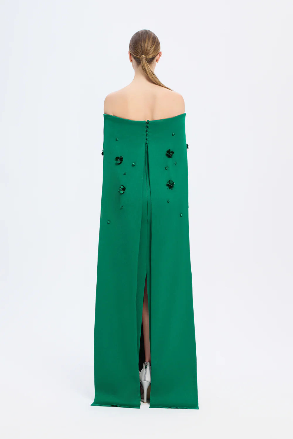 KAYIK YAKA AKSESUAR DETAYLI UZUN ABİYE ELBİSE - 01026C