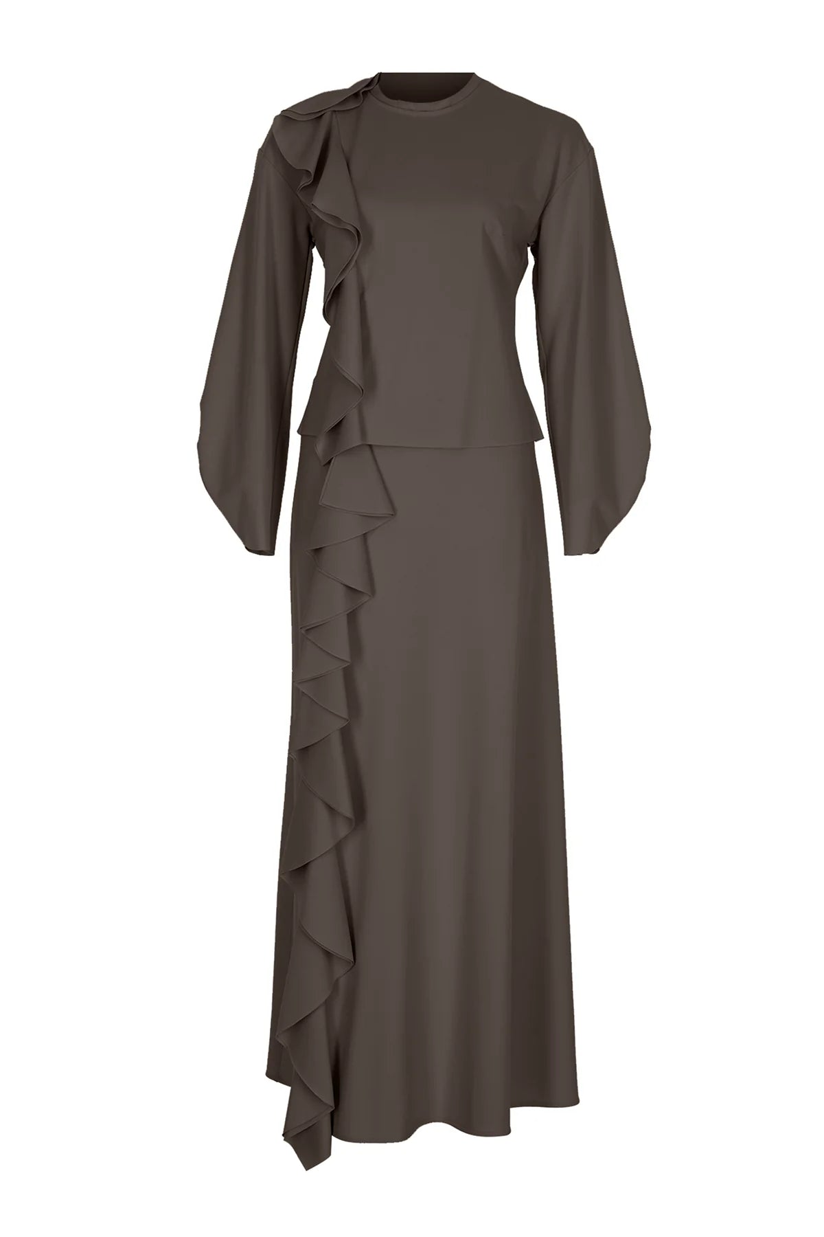 VOLANLI YÜKSEK YAKA BLUZ ETEK TAKIM