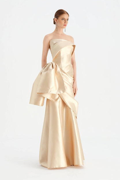 Strapless Draped Evening Gown with Bow Detail at Waist – 26085C