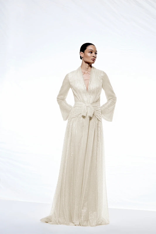 V YAKA UZUN KOLLU UZUN ABİYE ELBİSE 1340