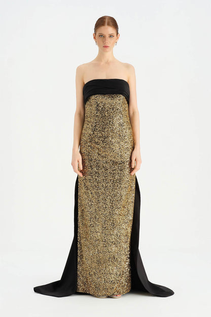 Luxury draped evening gown embellished with stones and an elegant train – 26077C