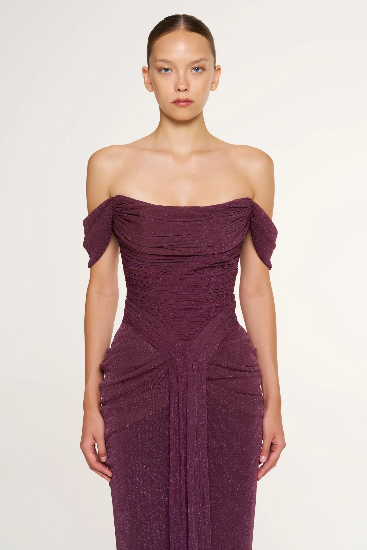 Shimmer Draped Off-Shoulder Evening Dress – 1387