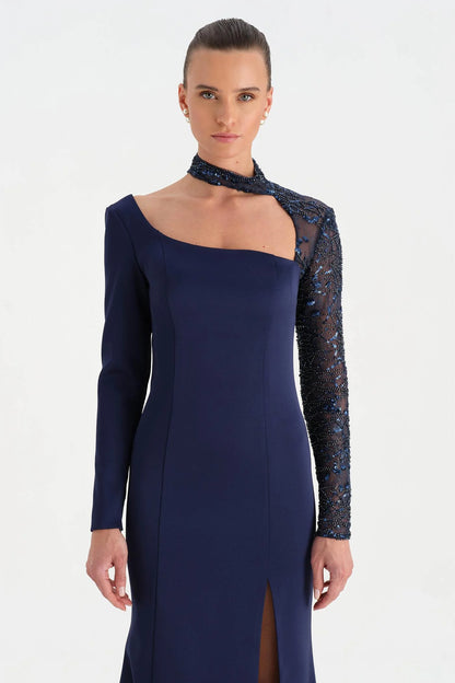 One-shoulder embroidered evening dress with side slit - 26044C