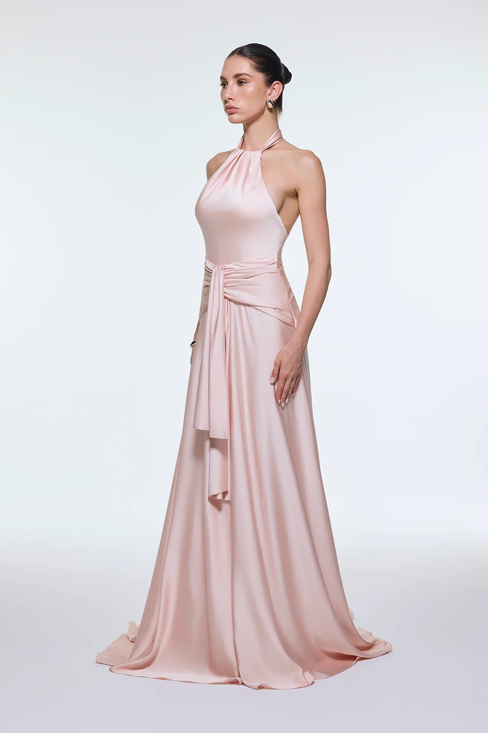 BOYUNDAN ASKILI BEL DRAPE DETAYLI UZUN ABİYE ELBİSE - 9253C