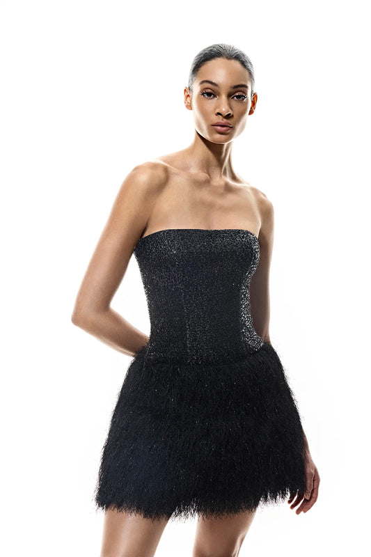 STRAPLEZ PAYETLİ ÜST TÜY DETAYLI MİNİ ABİYE ELBİSE 1384