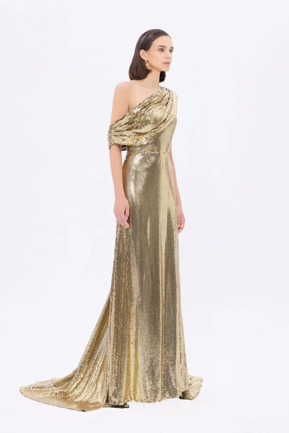 9305C Asimetrik Yaka Uzun Payetli Abiye Elbise