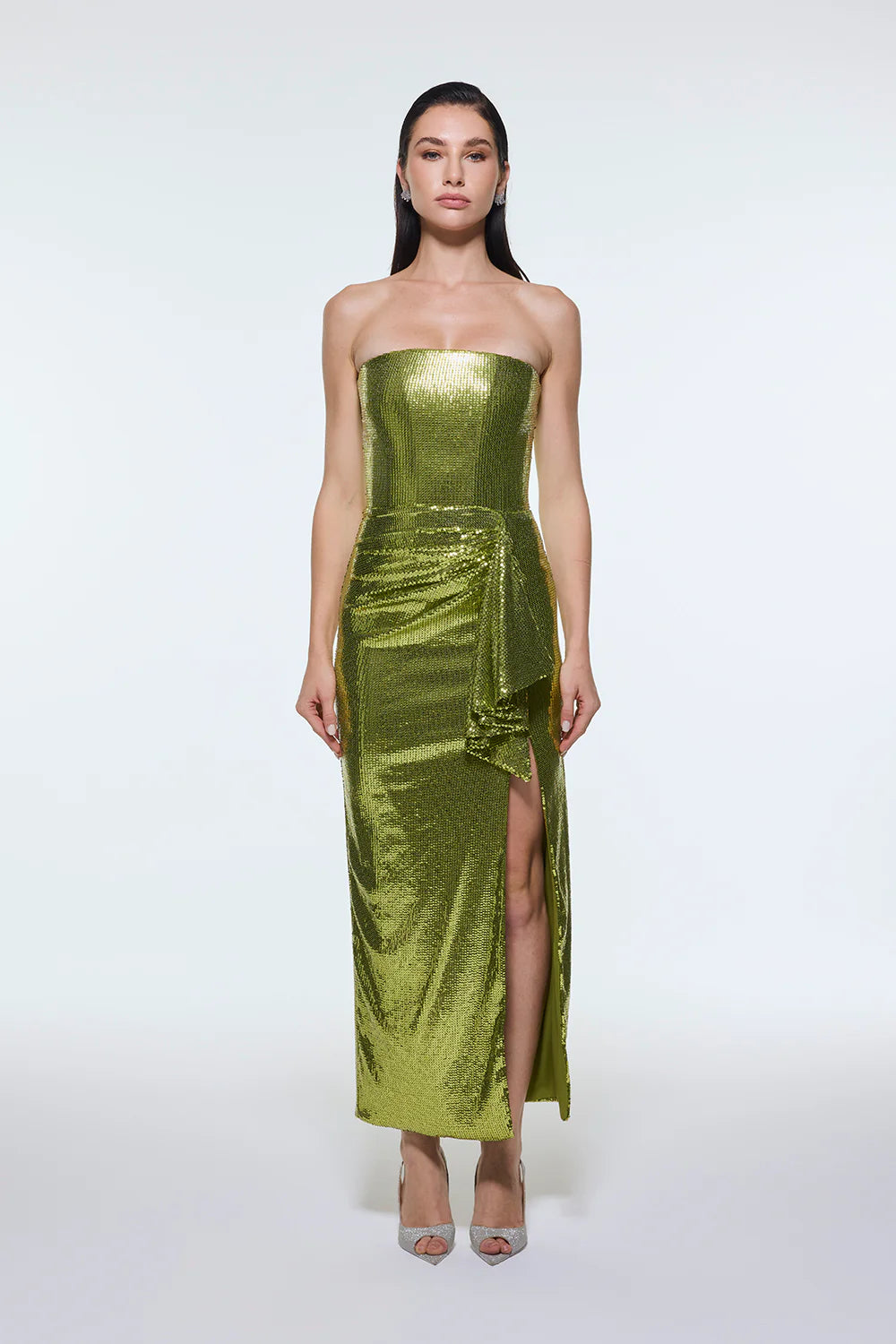 BEL DRAPE DETAYLI STRAPLEZ MİDİ ABİYE ELBİSE - 9295C