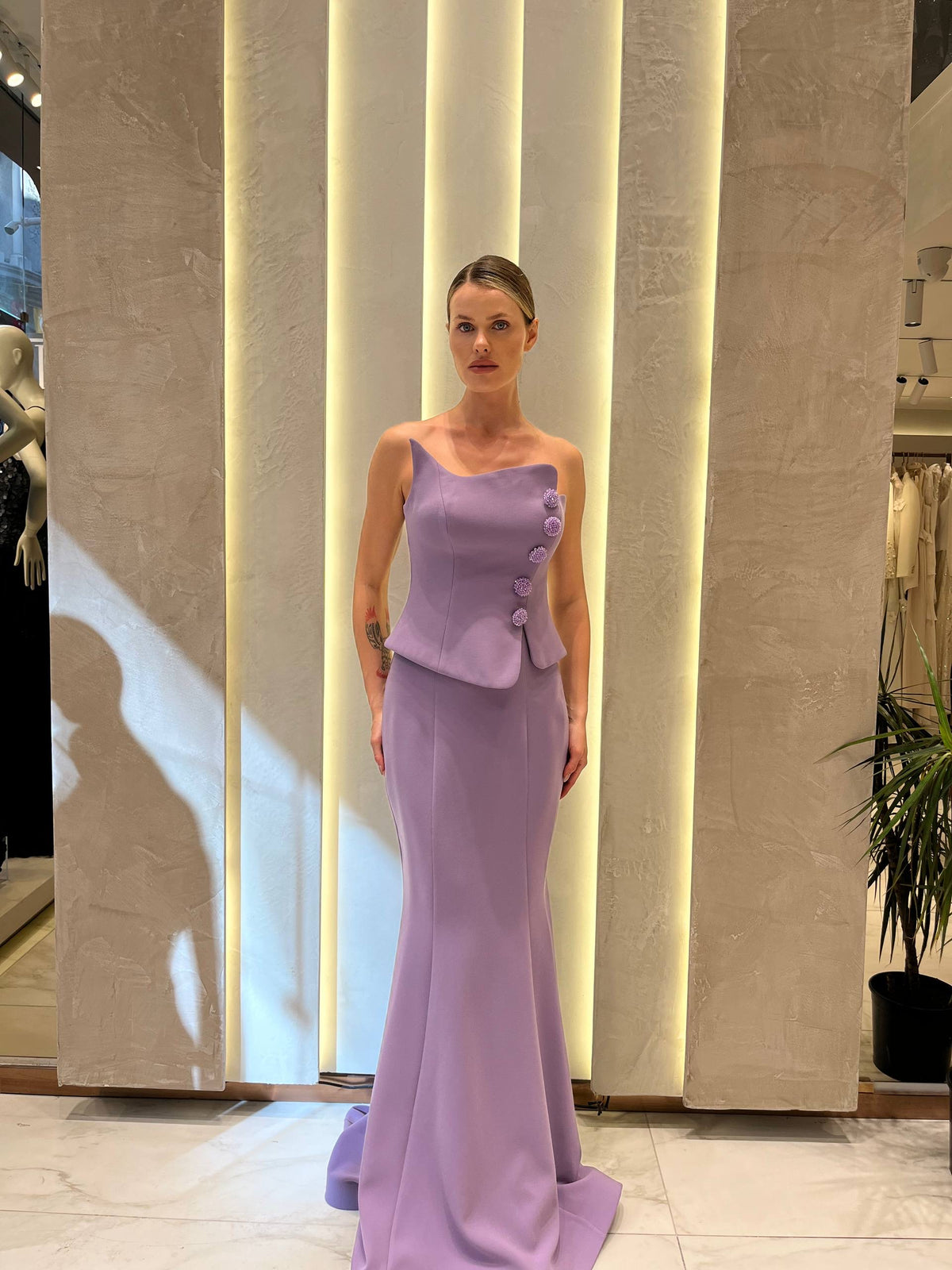 Lilac Mermaid Evening Gown with Crystal Buttons