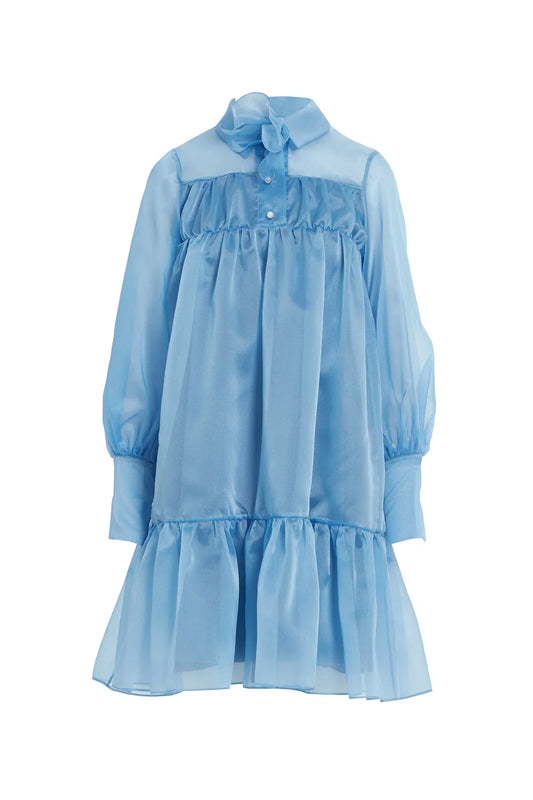 çıkarılabilir çiçek Detaylı، Etek Ucu Büzgülü Transparan Mavi Elbise