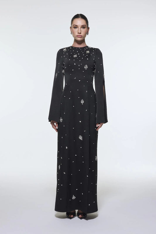 TAŞ İŞLEMELİ UZUN KOLLU KREP ABİYE ELBİSE - 9403C