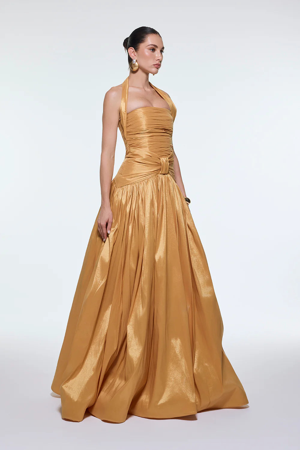 BOYUNDA ASKILI DRAPELİ TAFTA UZUN ABİYE ELBİSE - 9280C