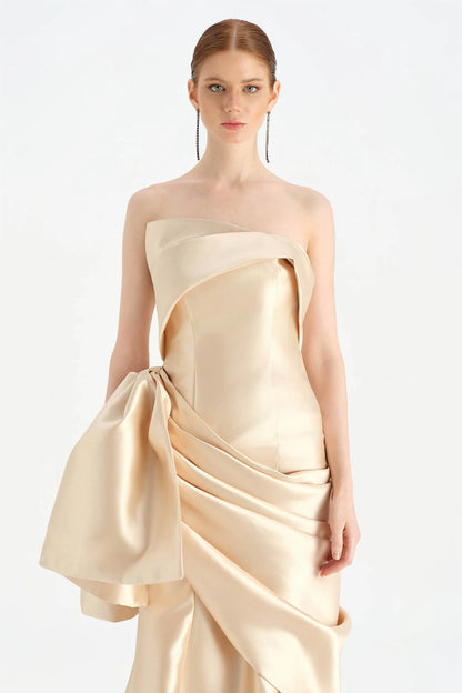 Strapless Draped Evening Gown with Bow Detail at Waist – 26085C