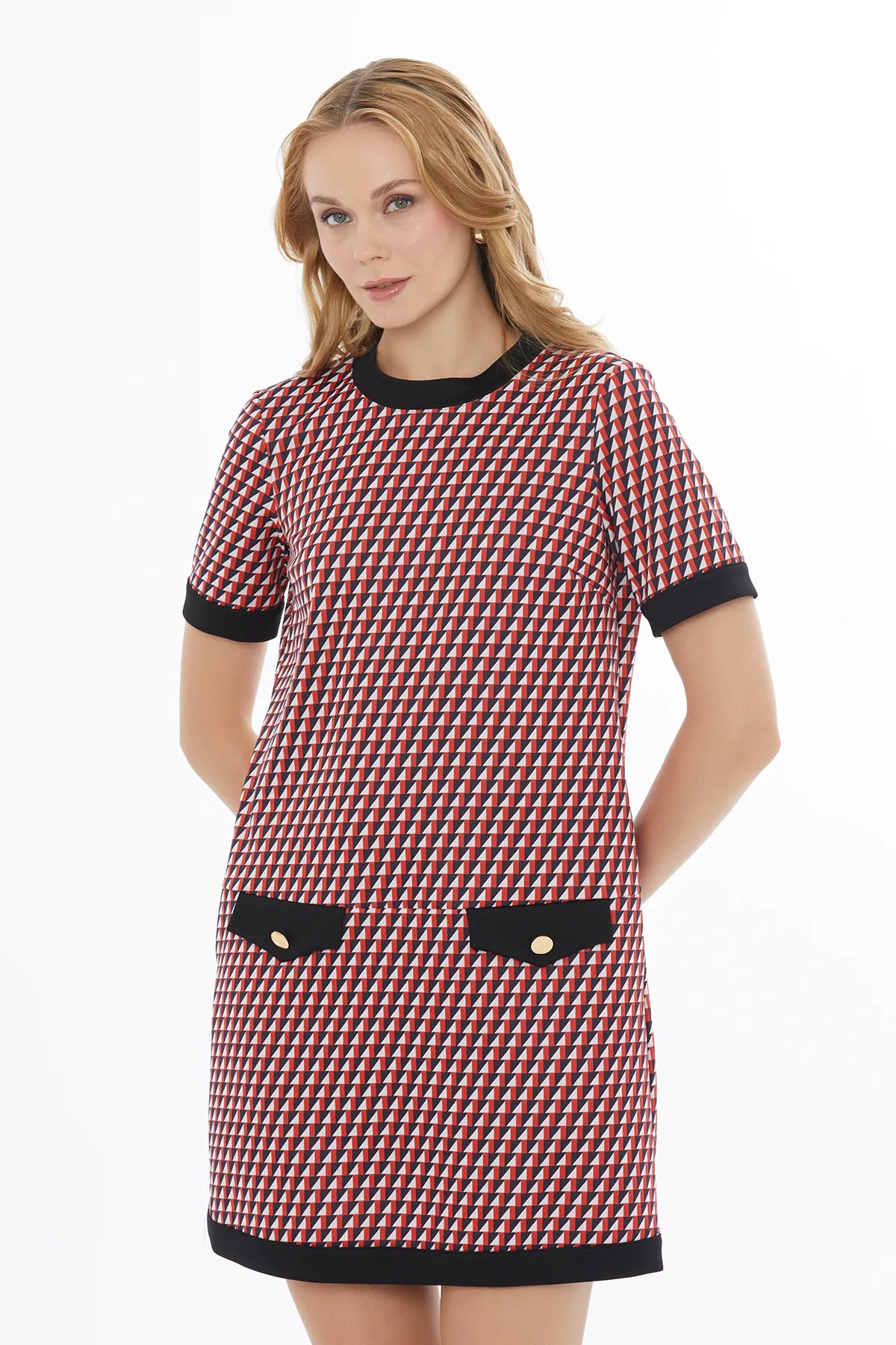 Yuvarlak Yaka Cepli Kısa Kollu Mini Elbise