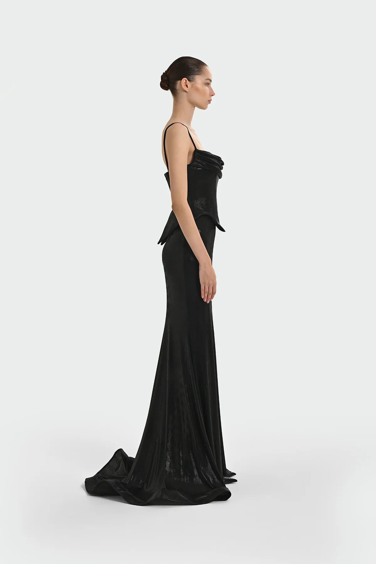İNCE ASKILI DRAPE DETAYLI ABİYE ELBİSE 1365