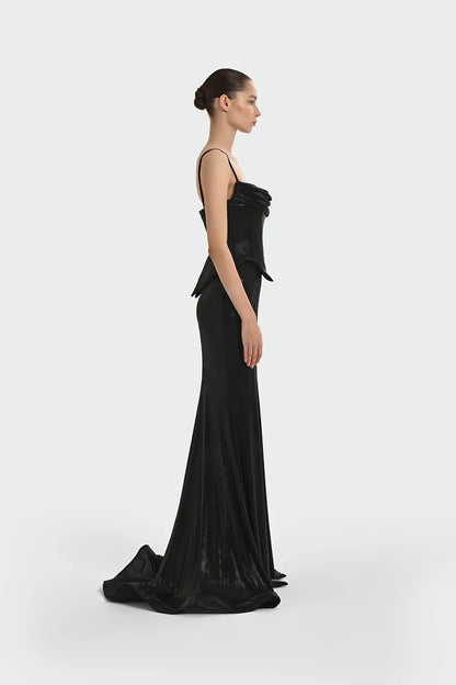 İNCE ASKILI DRAPE DETAYLI ABİYE ELBİSE 1365
